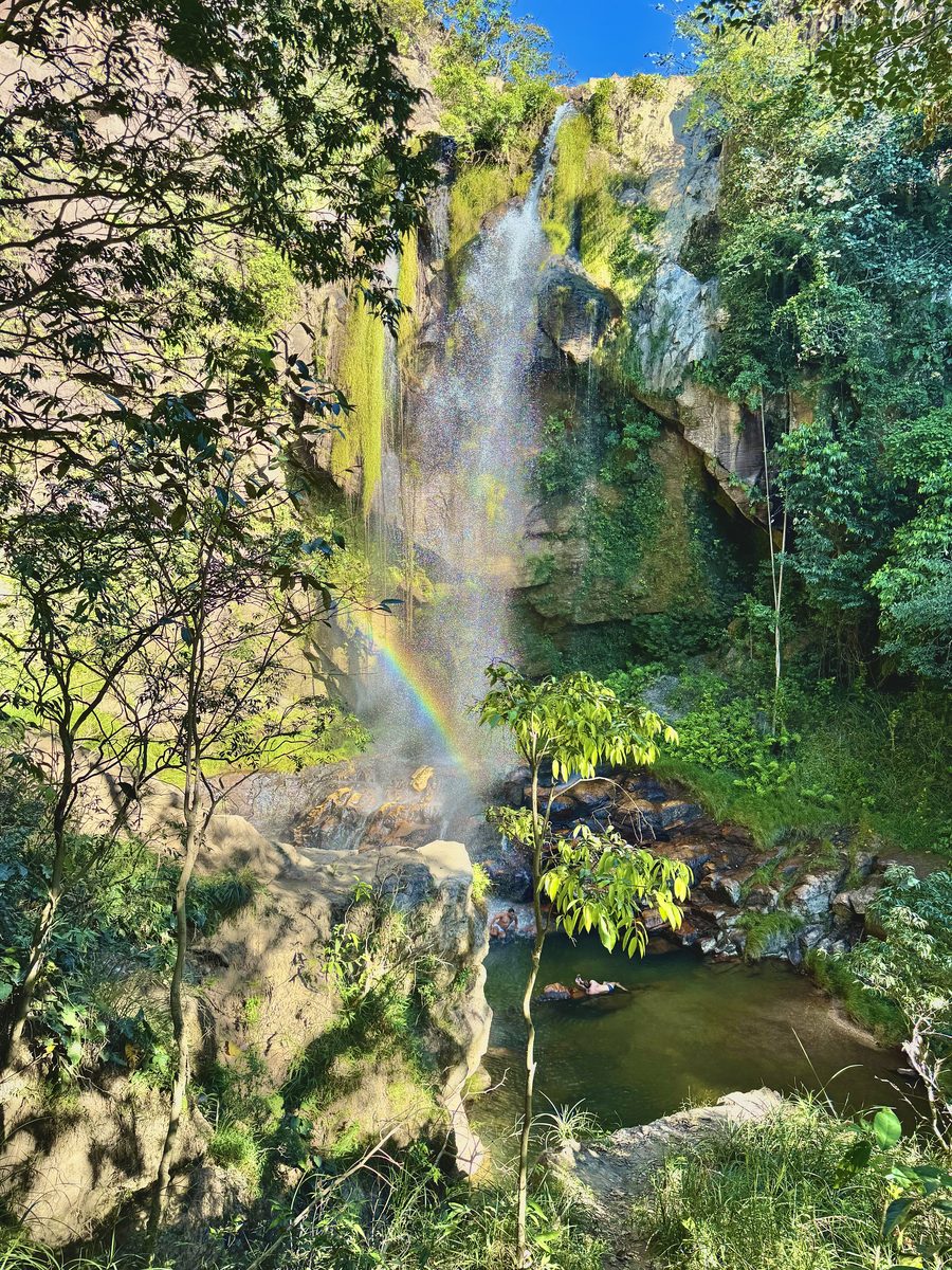Cachoeira fina descendo por um paredão coberto de mata do cerrado